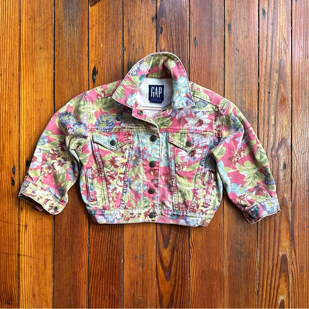 Vintage ‘90s GAP Cropped Floral Jean Jacket in Pink, Green, Blue XS Shrunken Fit
